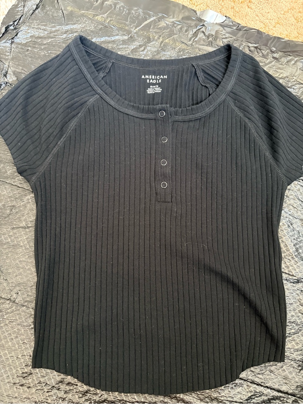 American Eagle Outfitters Black Ribbed Henley Tee